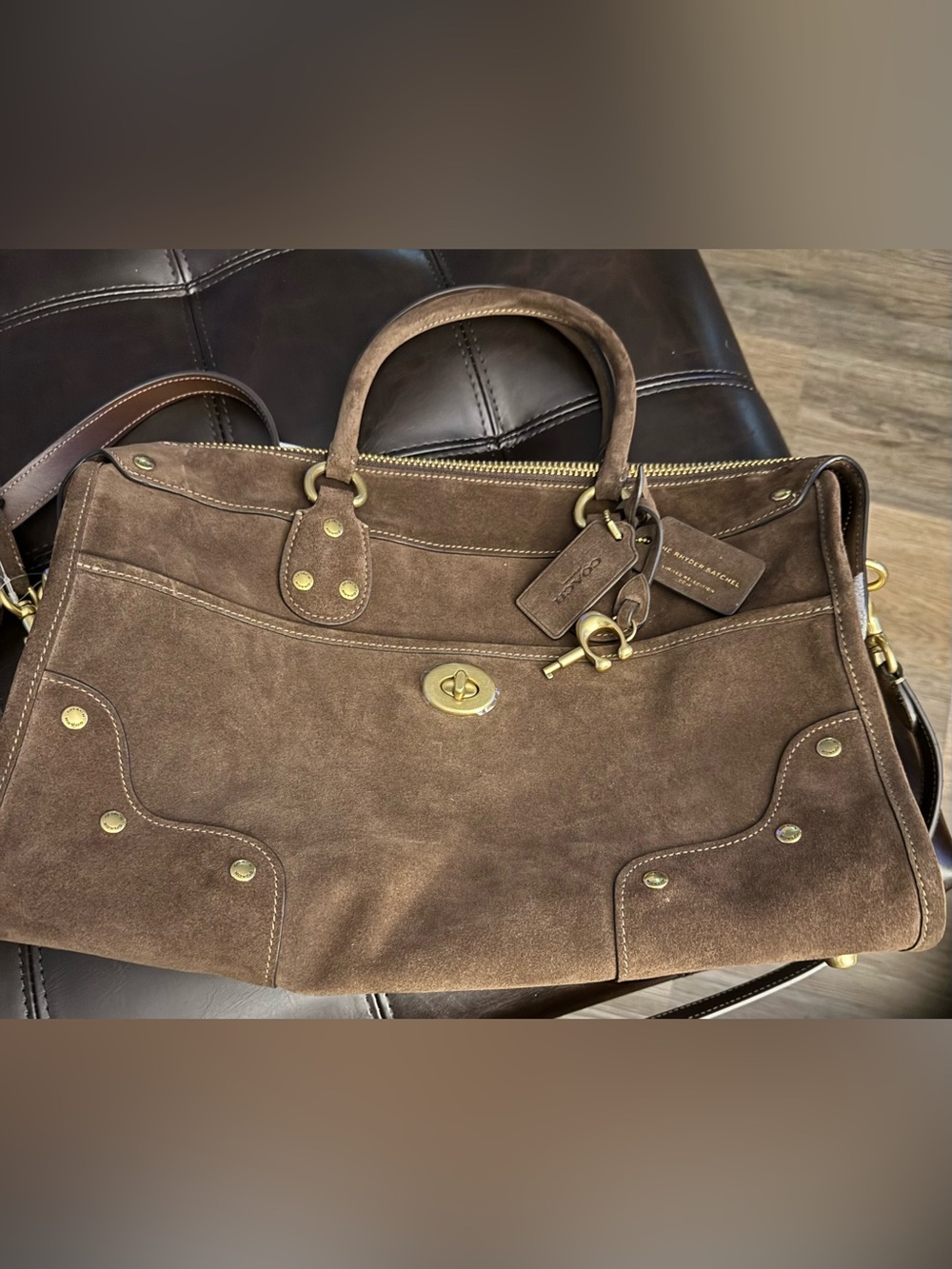 Authentic Coach Dark Chocolate Brown Suede Rhyder 38 Satchel